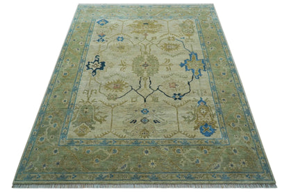 Custom Made Hand Knotted Beige and Blue Traditional Turkish Wool Rug.