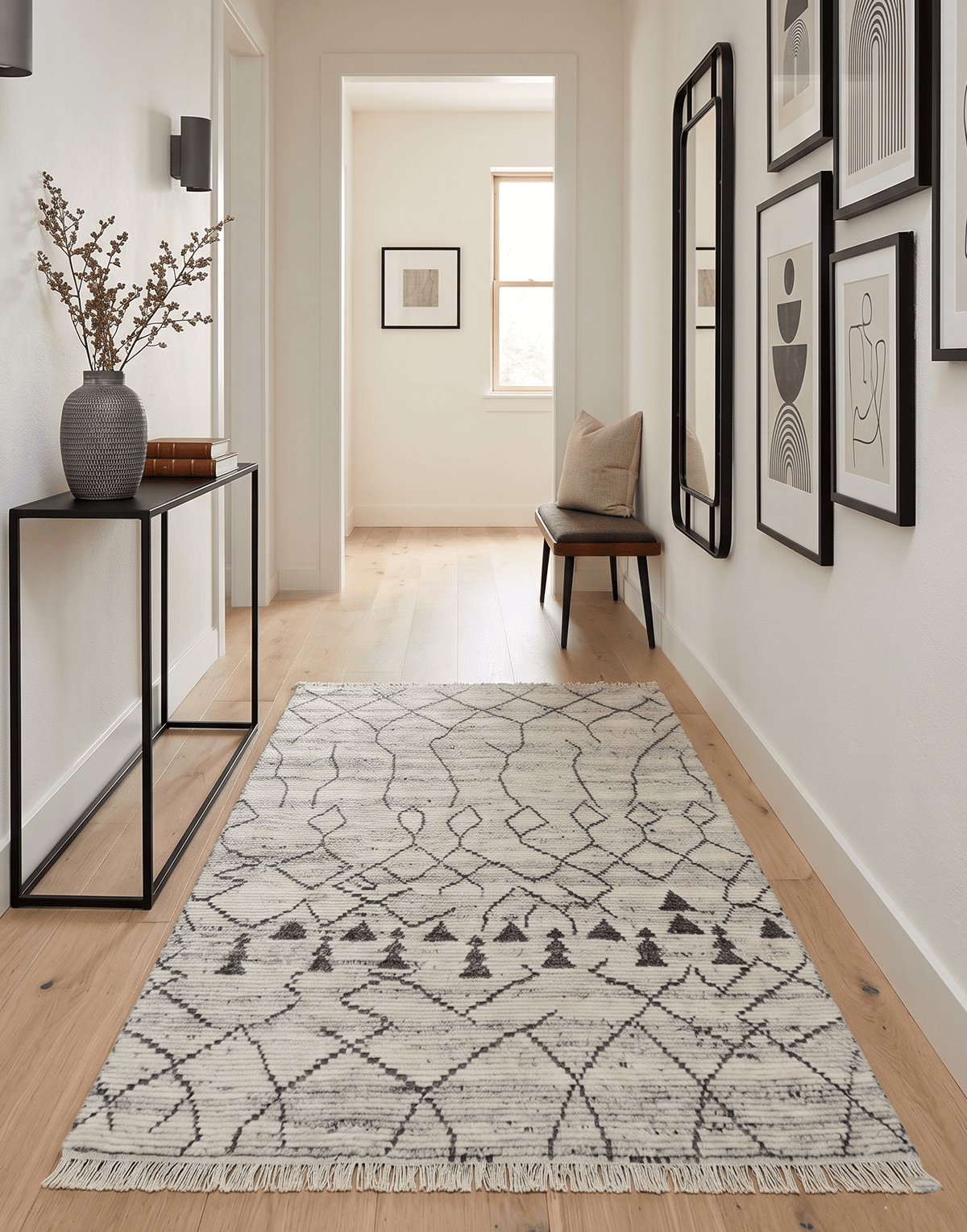 Custom Made Hand Knotted Beige And Gray Moroccan Trellis Blended Wool Rug.