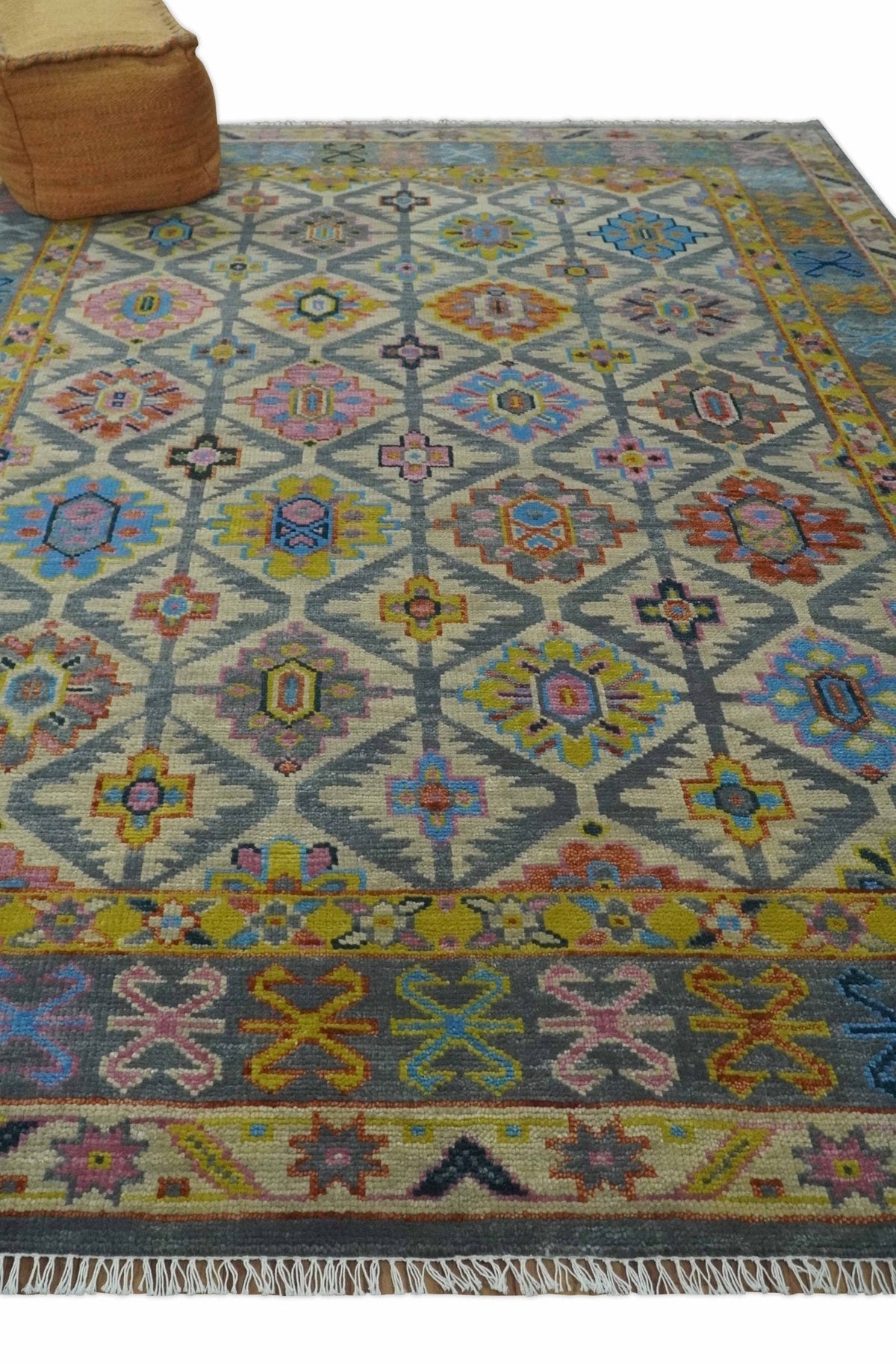 Custom Made Hand Knotted Beige, Gray and Mustard Oriental Multi Size Wool Area Rug.