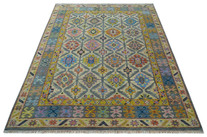 Custom Made Hand Knotted Beige, Gray and Mustard Oriental Multi Size Wool Area Rug.
