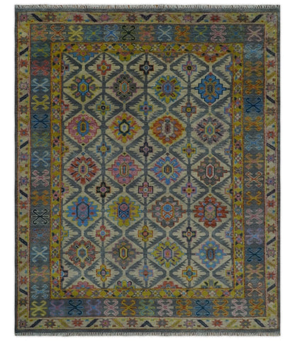 Custom Made Hand Knotted Beige, Gray and Mustard Oriental Multi Size Wool Area Rug.