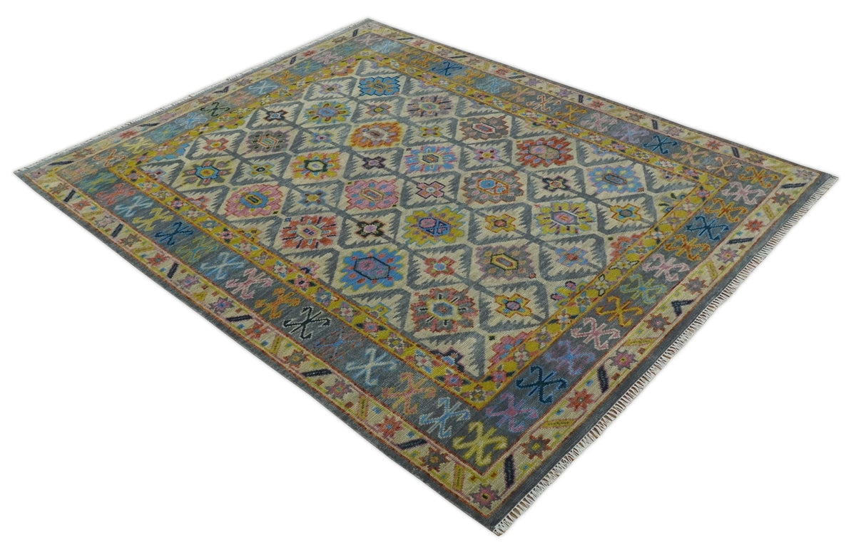 Custom Made Hand Knotted Beige, Gray and Mustard Oriental Multi Size Wool Area Rug.