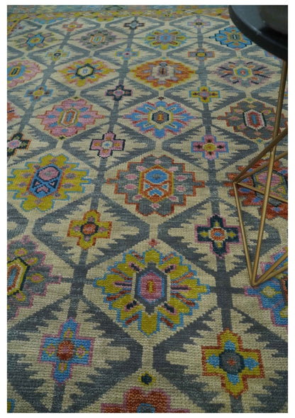Custom Made Hand Knotted Beige, Gray and Mustard Oriental Multi Size Wool Area Rug.