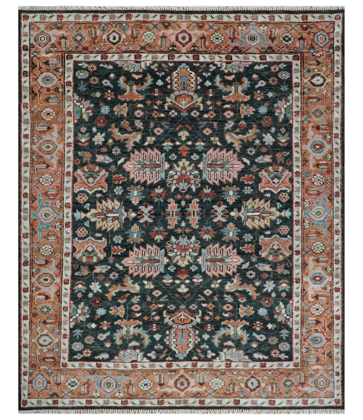 Custom Made Hand Knotted Black and Rust Traditional Oushak Wool Area Rug.