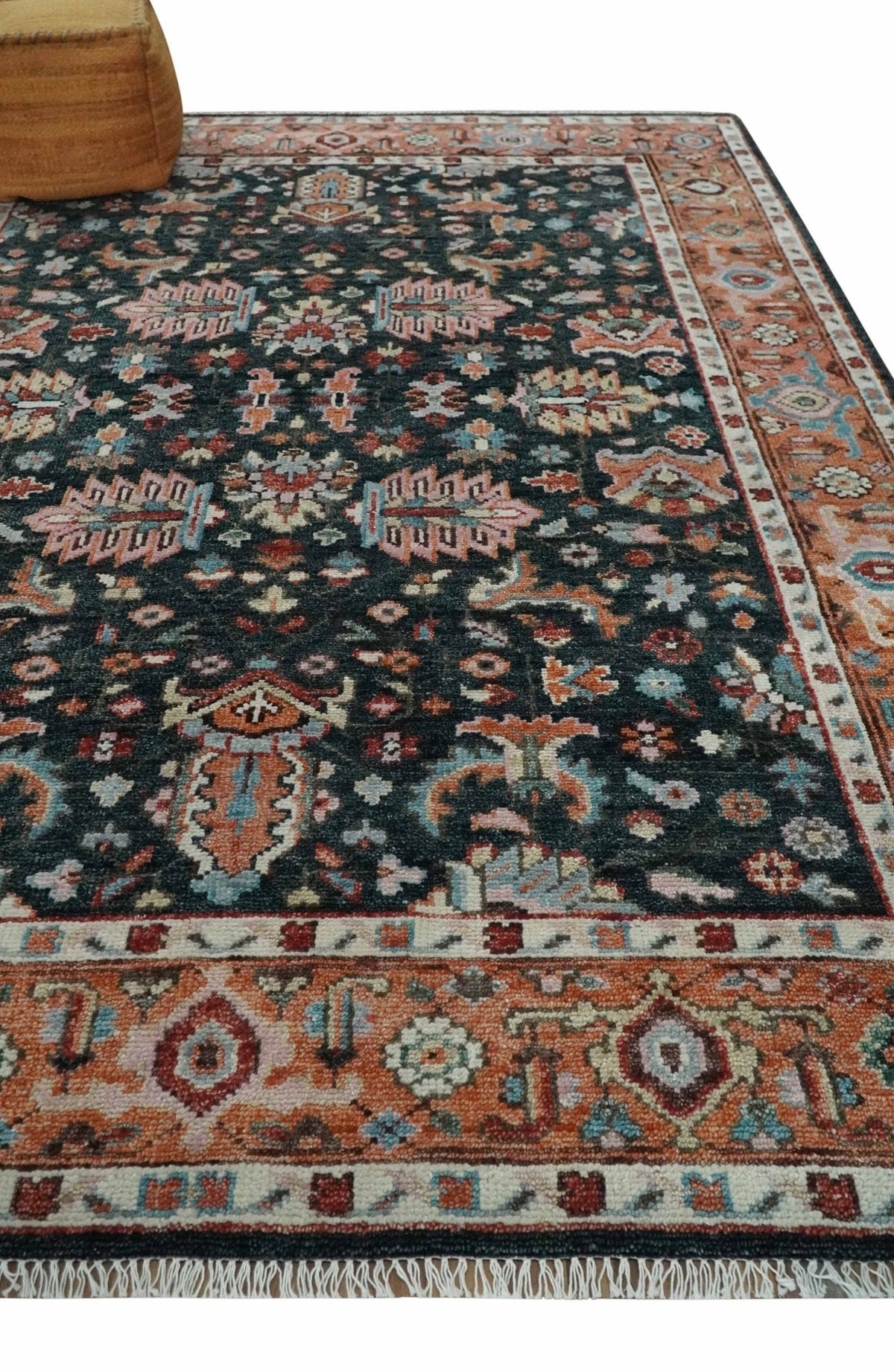 Custom Made Hand Knotted Black and Rust Traditional Oushak Wool Area Rug.