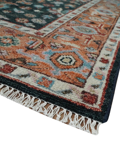 Custom Made Hand Knotted Black and Rust Traditional Oushak Wool Area Rug.