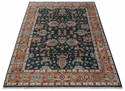 Custom Made Hand Knotted Black and Rust Traditional Oushak Wool Area Rug.