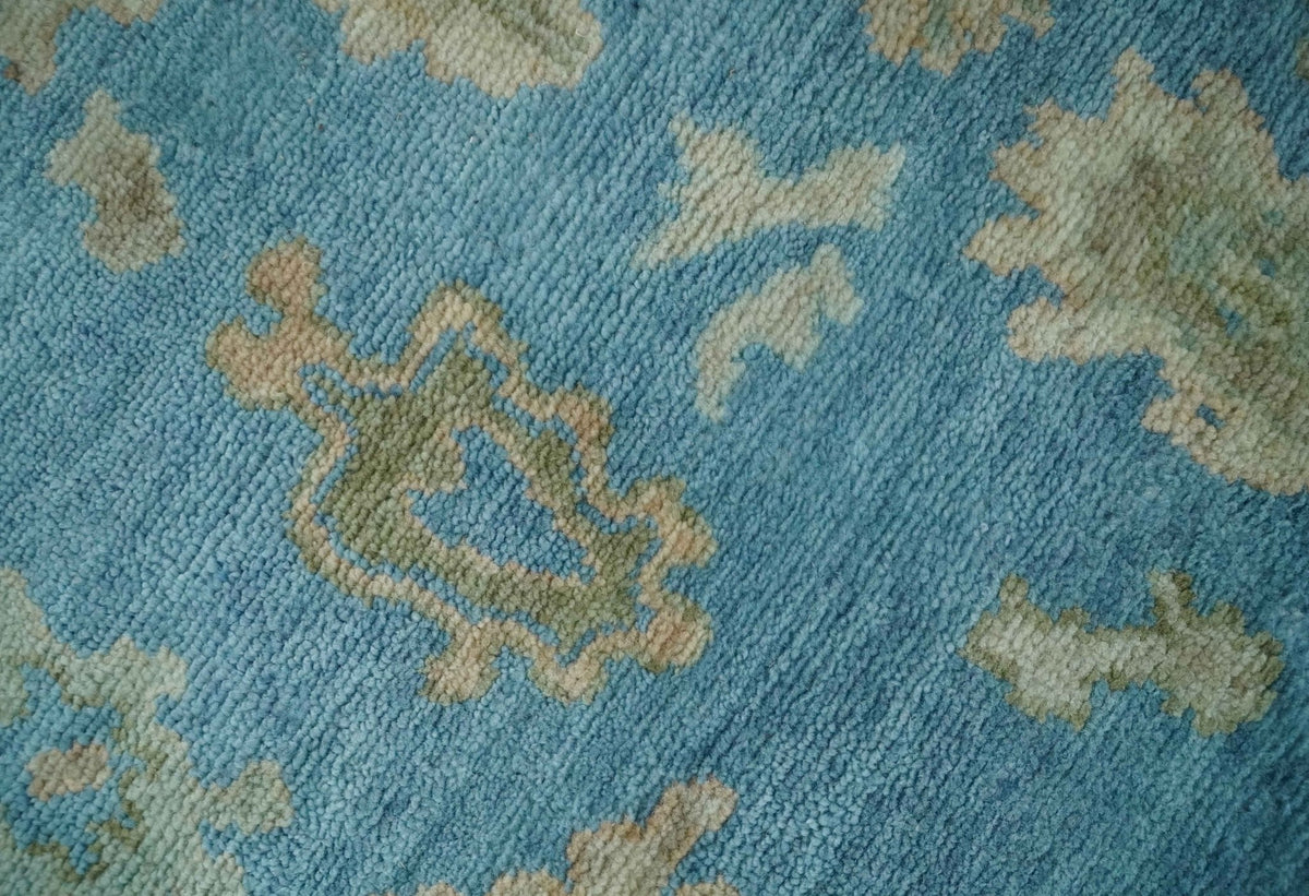 Custom Made Hand knotted Blue and Beige Traditional Oushak Wool Area Rug.