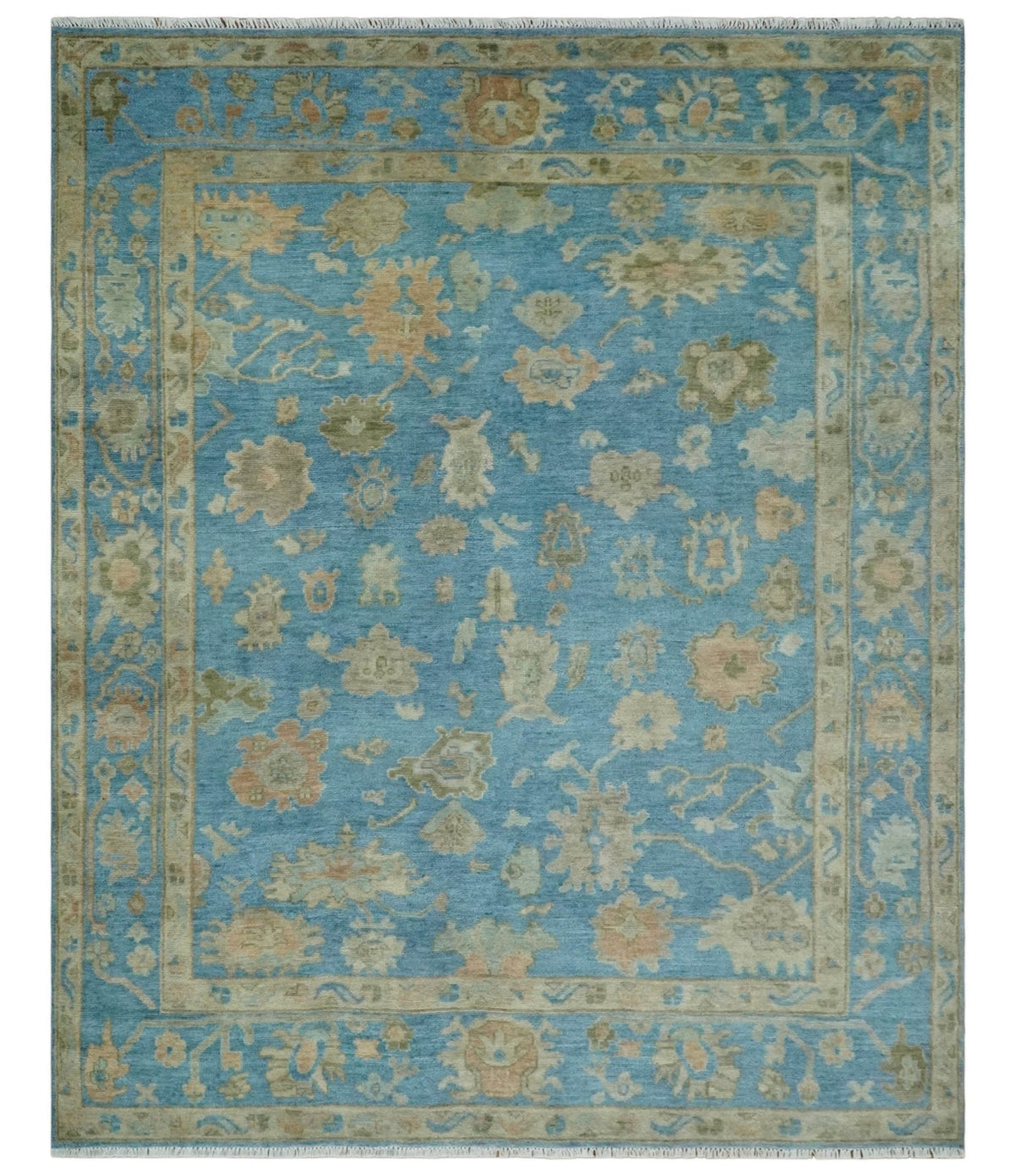 Custom Made Hand knotted Blue and Beige Traditional Oushak Wool Area Rug.
