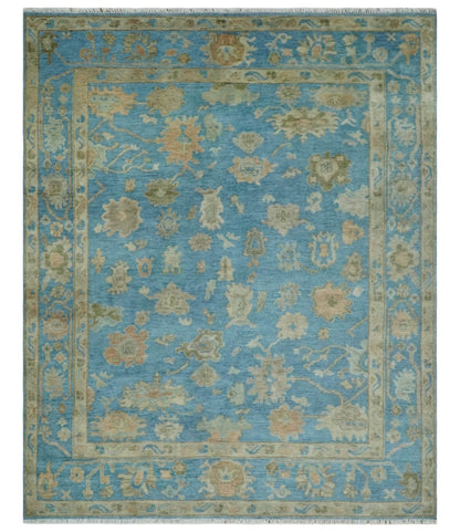 Custom Made Hand knotted Blue and Beige Traditional Oushak Wool Area Rug.