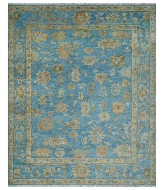 Custom Made Hand knotted Blue and Beige Traditional Oushak Wool Area Rug.