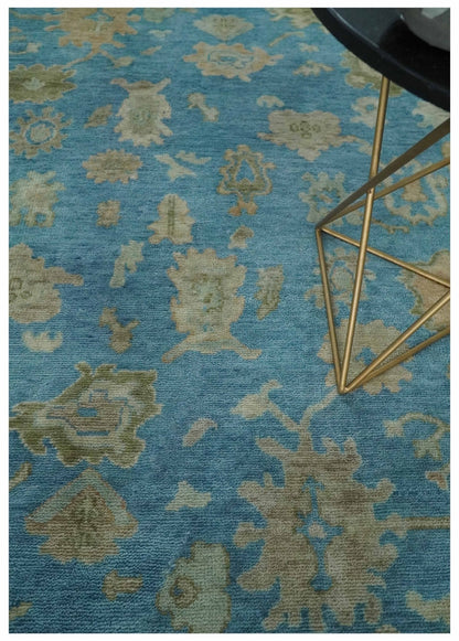 Custom Made Hand knotted Blue and Beige Traditional Oushak Wool Area Rug.