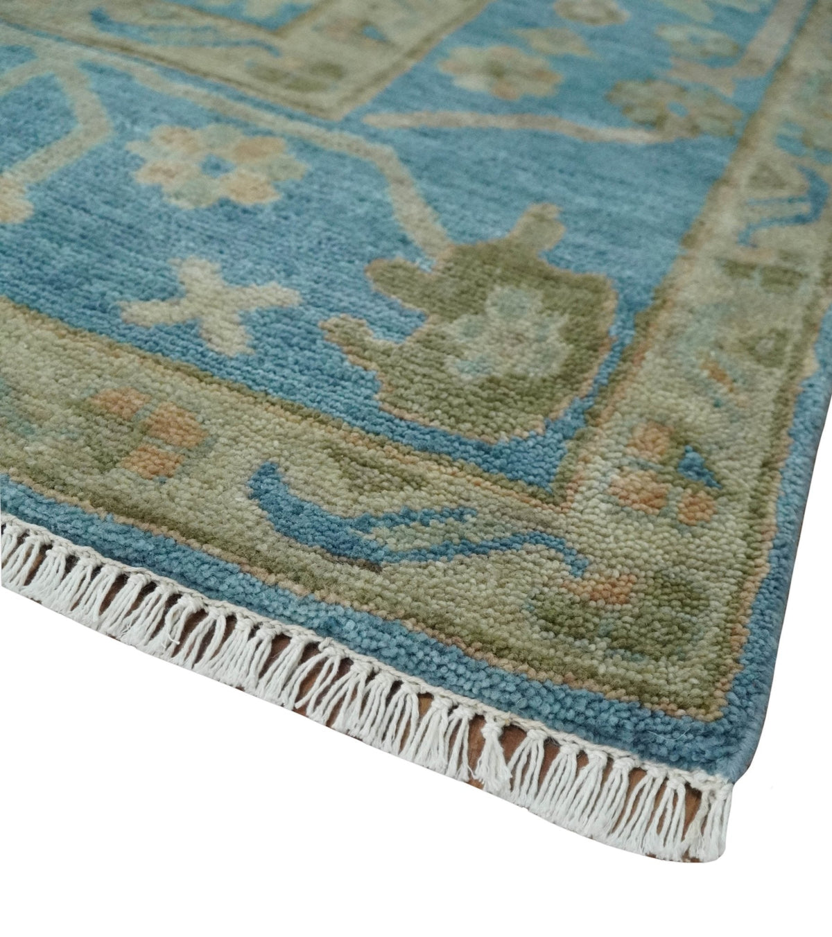 Custom Made Hand knotted Blue and Beige Traditional Oushak Wool Area Rug.