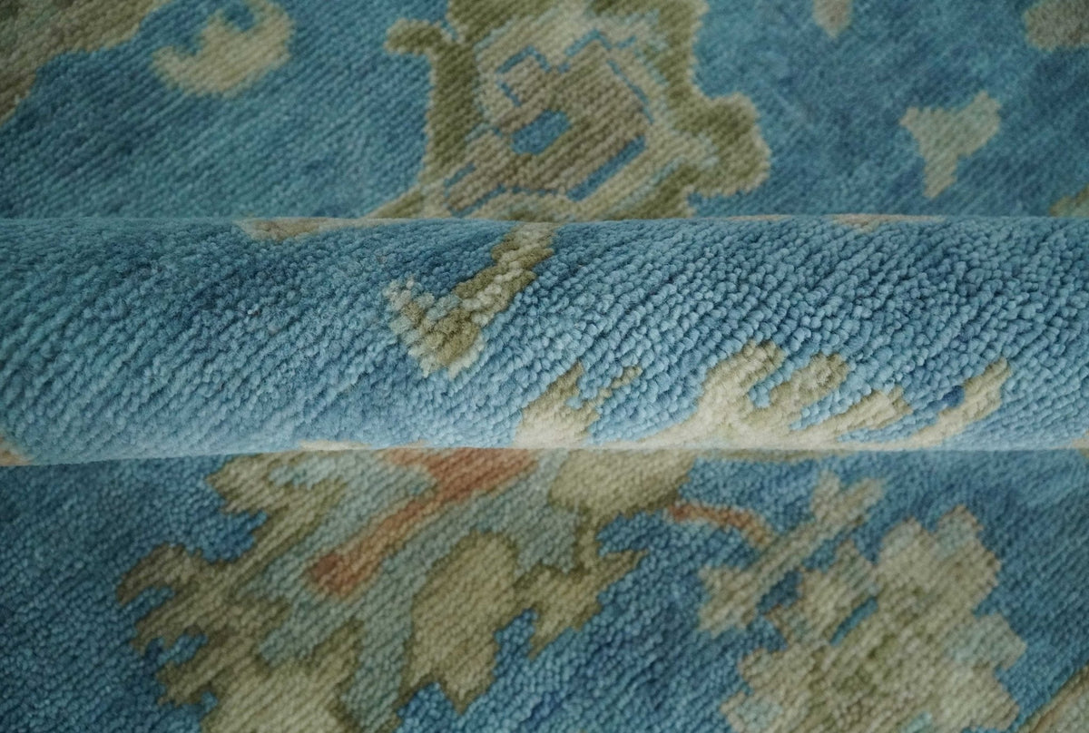 Custom Made Hand knotted Blue and Beige Traditional Oushak Wool Area Rug.