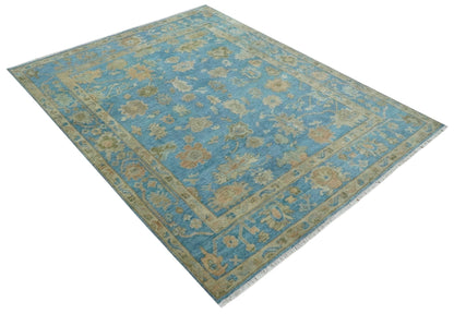 Custom Made Hand knotted Blue and Beige Traditional Oushak Wool Area Rug.