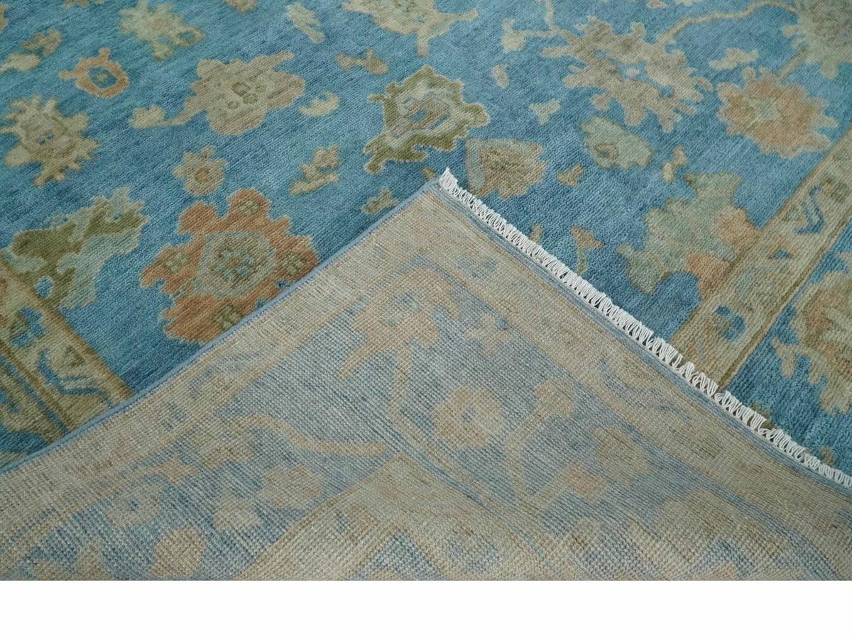 Custom Made Hand knotted Blue and Beige Traditional Oushak Wool Area Rug.