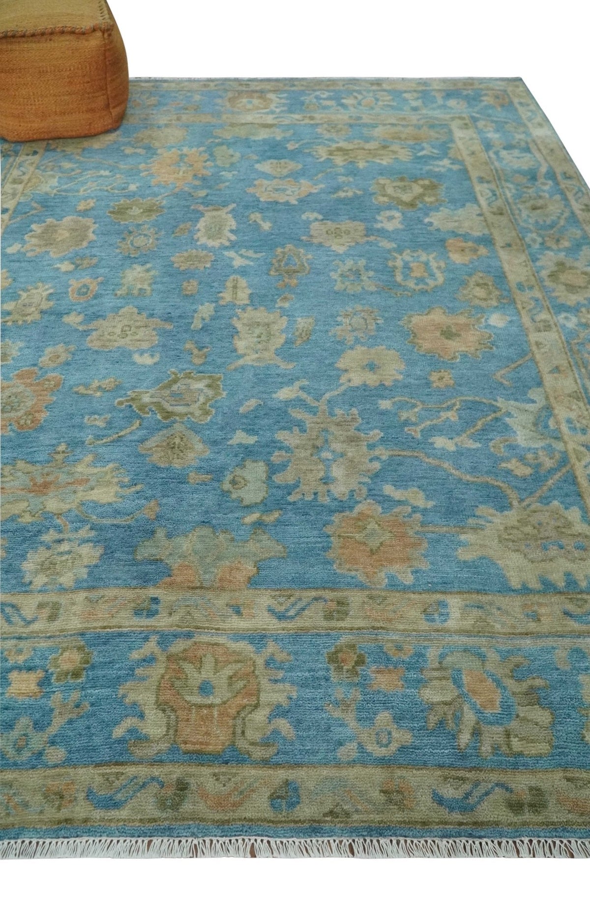 Custom Made Hand knotted Blue and Beige Traditional Oushak Wool Area Rug.
