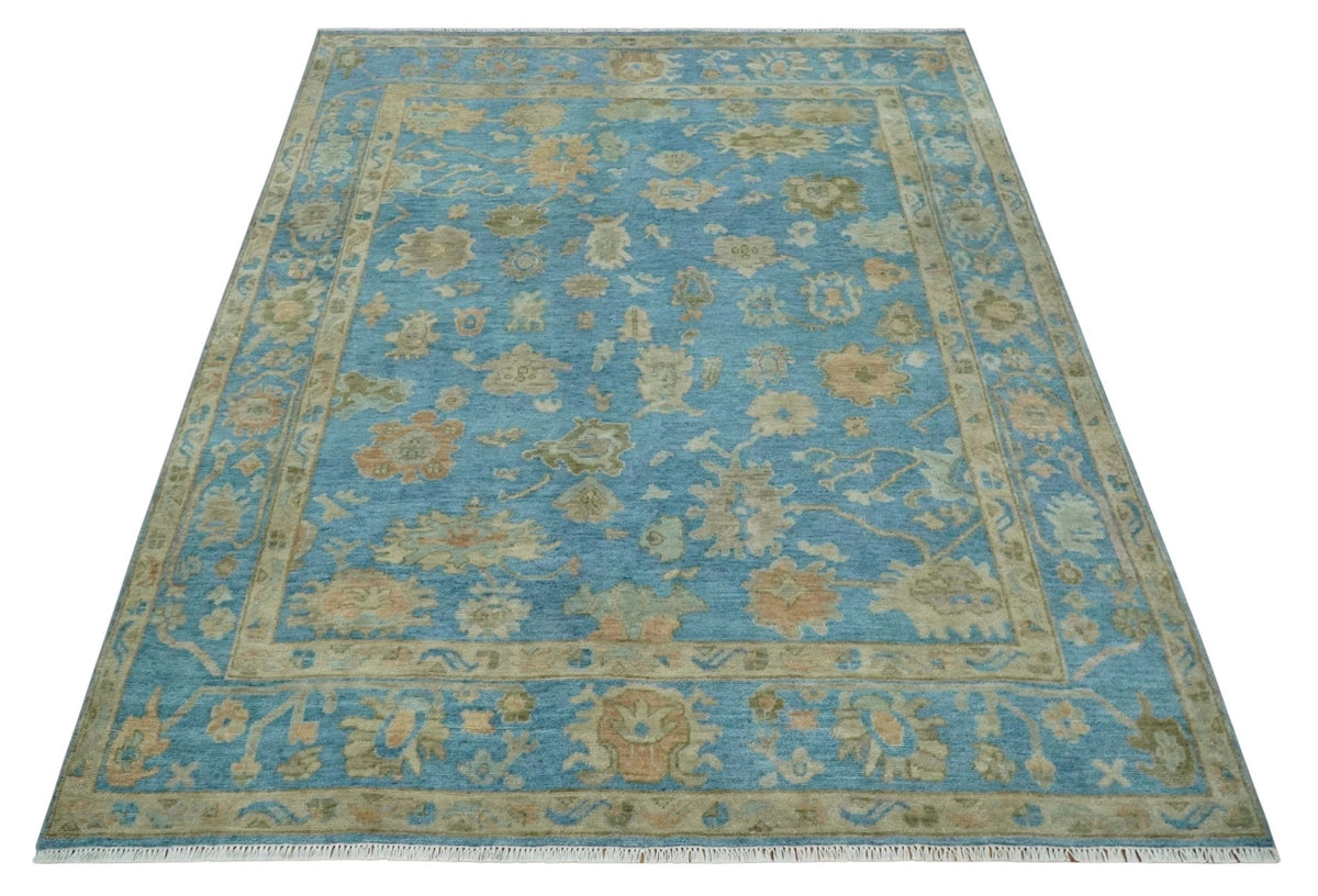 Custom Made Hand knotted Blue and Beige Traditional Oushak Wool Area Rug.