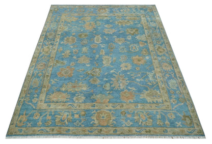 Custom Made Hand knotted Blue and Beige Traditional Oushak Wool Area Rug.