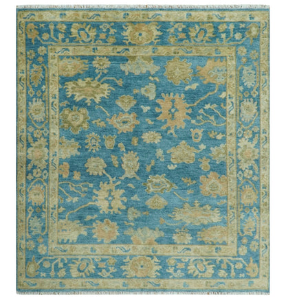 Custom Made Hand knotted Blue and Beige Traditional Oushak Wool Area Rug.
