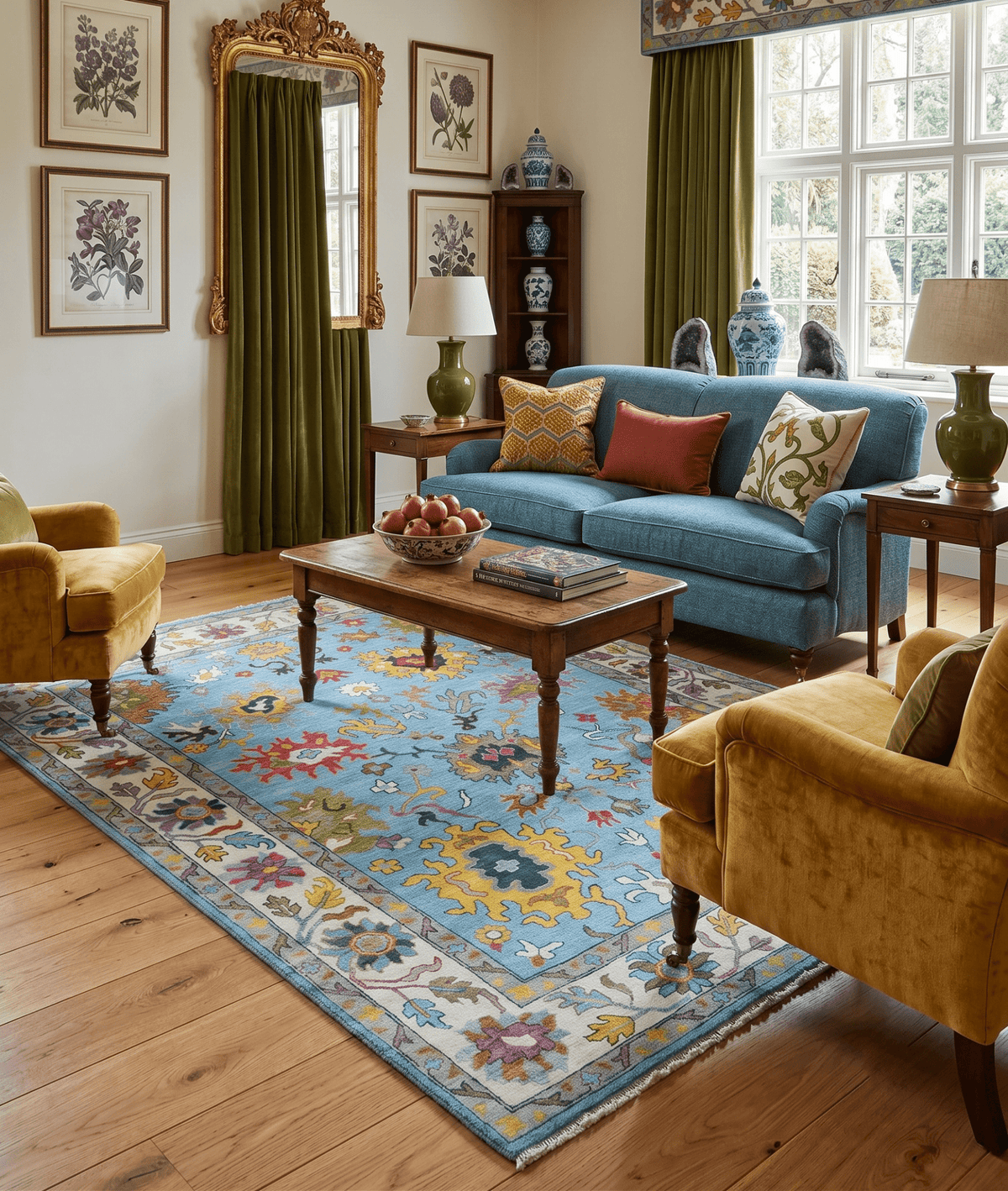 Custom Made Hand Knotted Blue and Ivory Traditional Oushak Wool Area Rug.