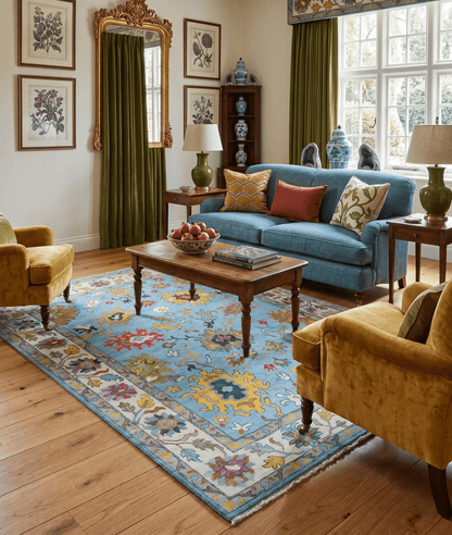 Custom Made Hand Knotted Blue and Ivory Traditional Oushak Wool Area Rug.