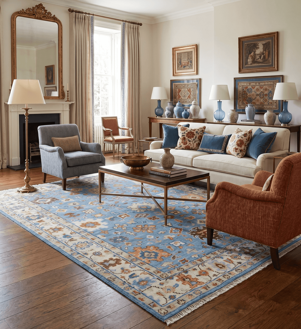 Custom Made Hand Knotted Blue and Ivory Traditional Turkish Oushak Design Wool Rug.