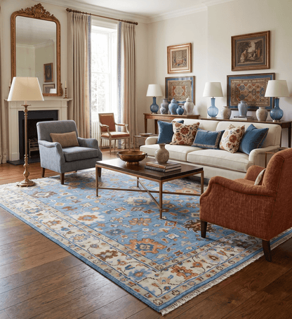 Custom Made Hand Knotted Blue and Ivory Traditional Turkish Oushak Design Wool Rug.