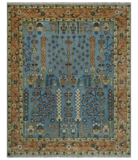 Custom Made Hand Knotted Blue and Rust Tree Design Low pile Wool Area Rug.