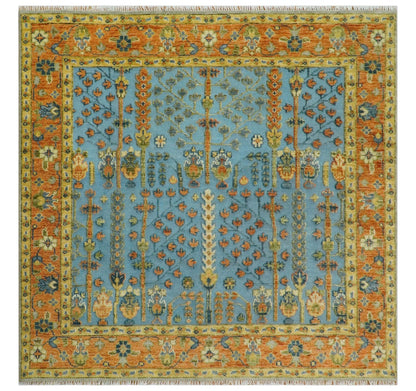 Custom Made Hand Knotted Blue and Rust Tree Design Low pile Wool Area Rug.