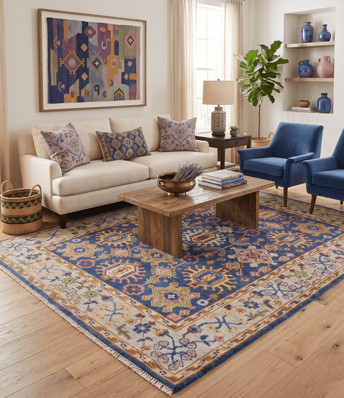 Custom Made Hand Knotted Blue, Gold and Beige Oriental Oushak wool Area Rug.