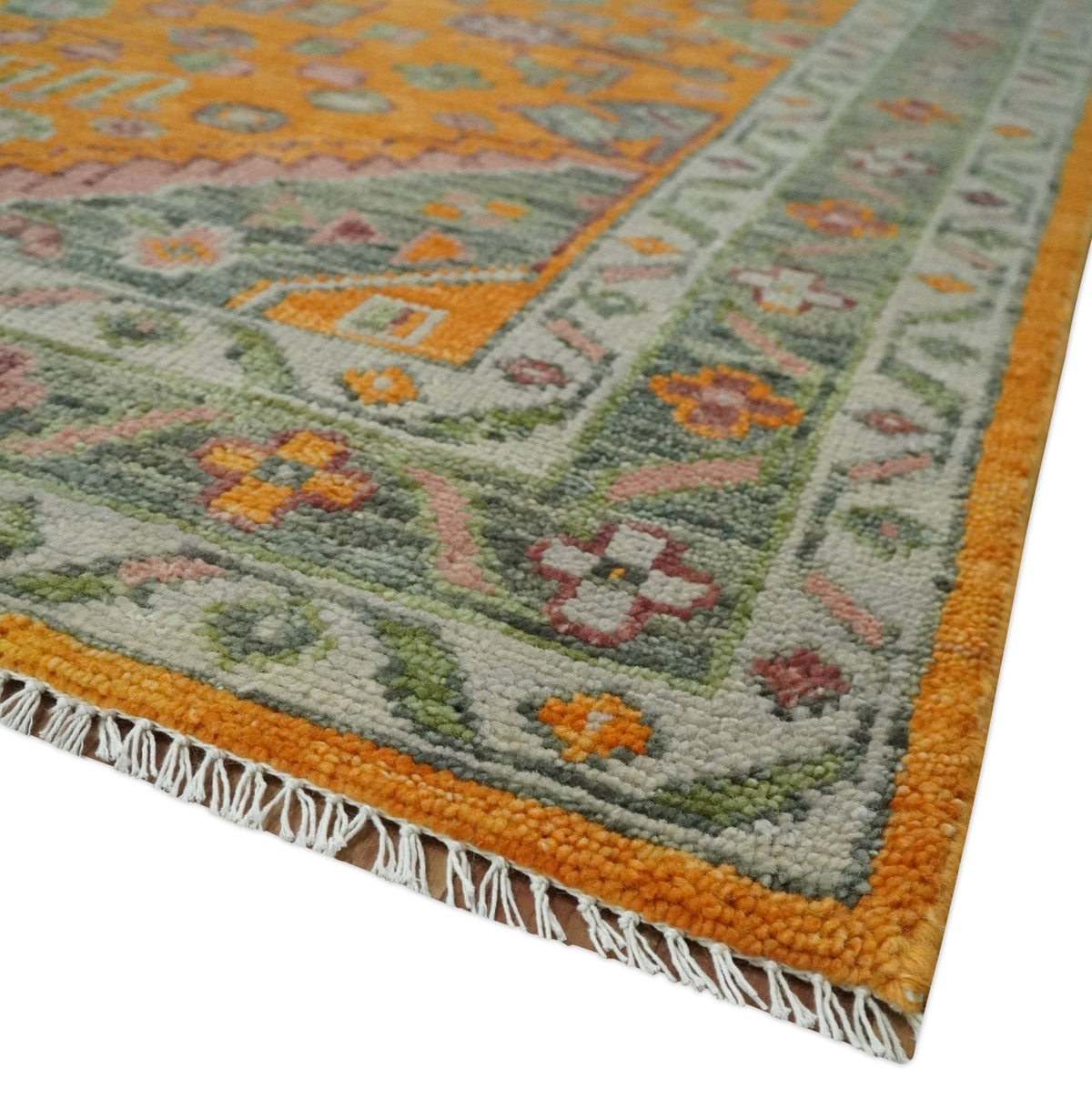 Custom Made Hand Knotted Carrot Red and Silver Oriental Traditional Wool Area Rug.