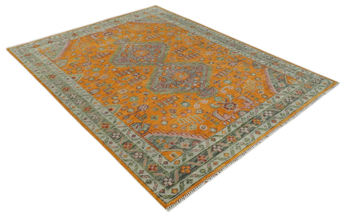 Custom Made Hand Knotted Carrot Red and Silver Oriental Traditional Wool Area Rug.