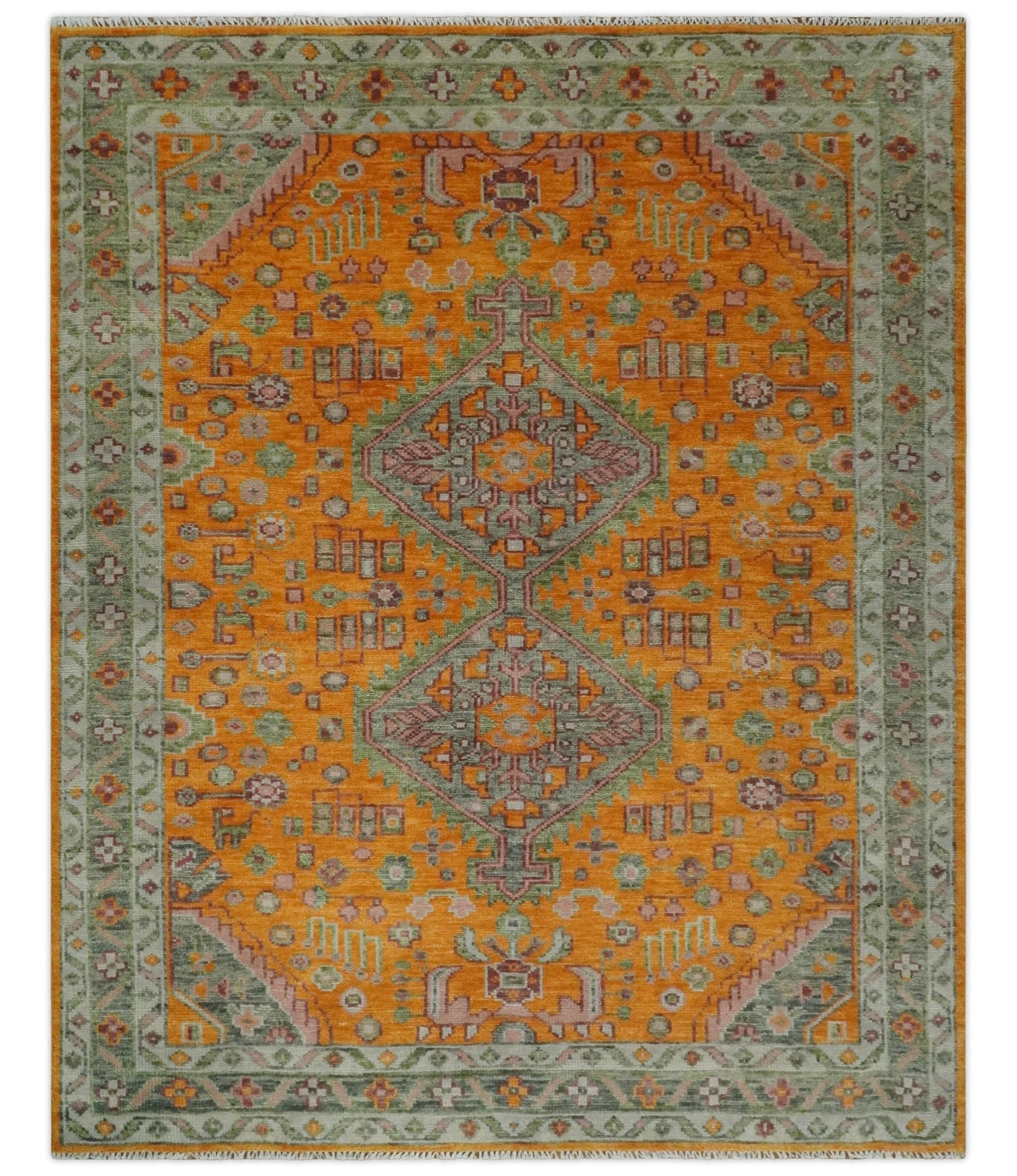 Custom Made Hand Knotted Carrot Red and Silver Oriental Traditional Wool Area Rug.