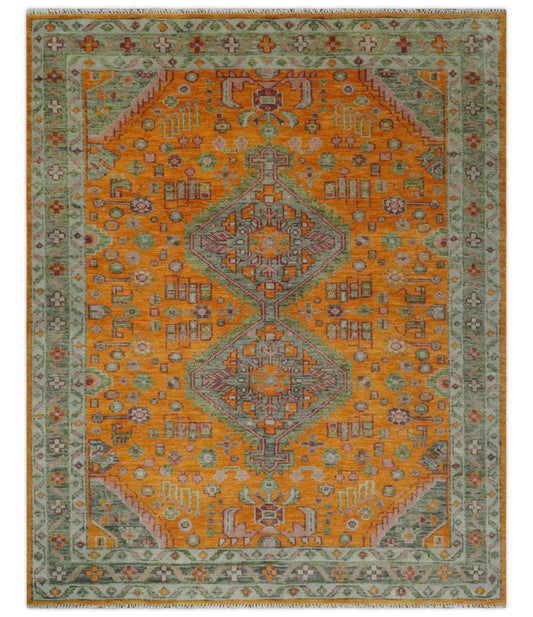 Custom Made Hand Knotted Carrot Red and Silver Oriental Traditional Wool Area Rug.
