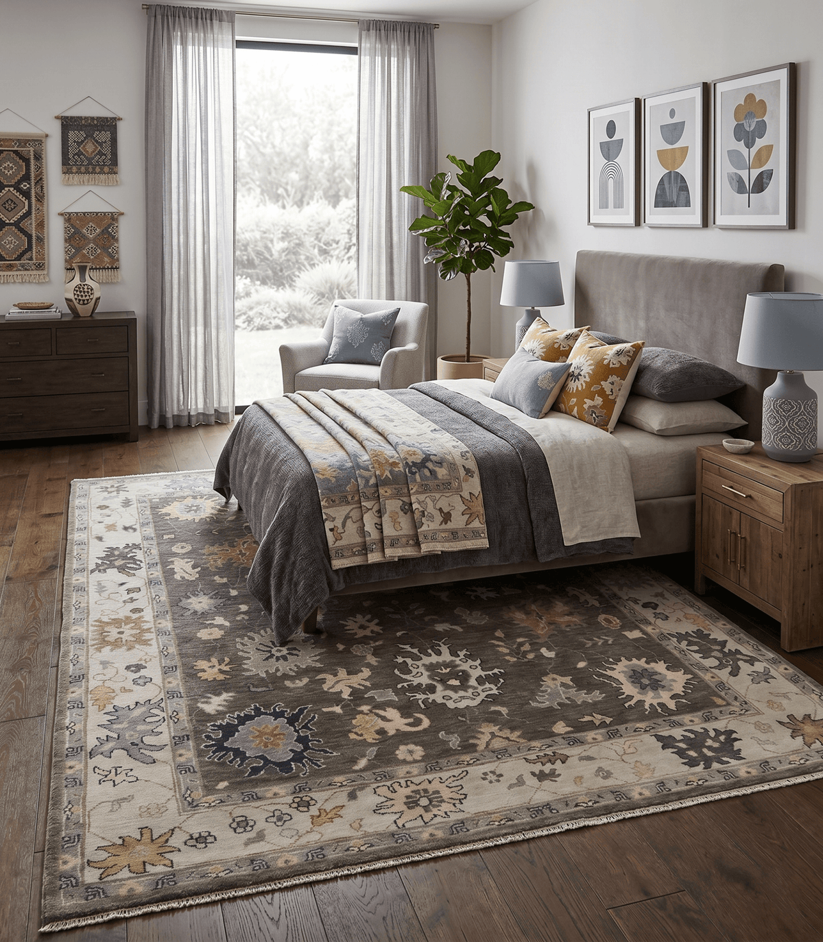 Custom Made Hand Knotted Dark Gray and Beige Traditional Wool Rug.