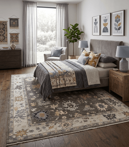 Custom Made Hand Knotted Dark Gray and Beige Traditional Wool Rug.