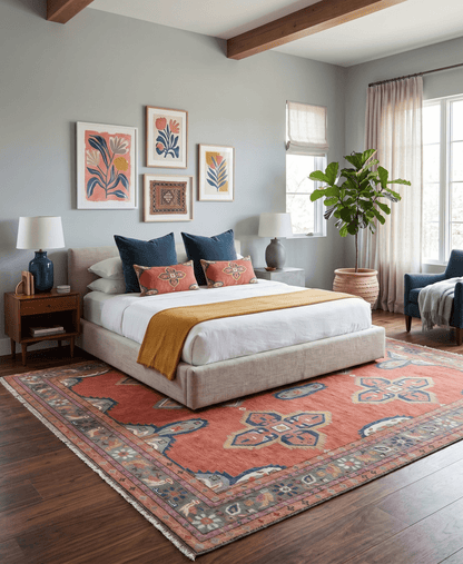 Custom Made Hand Knotted Dark Peach and Silver Traditional Wool Rug.