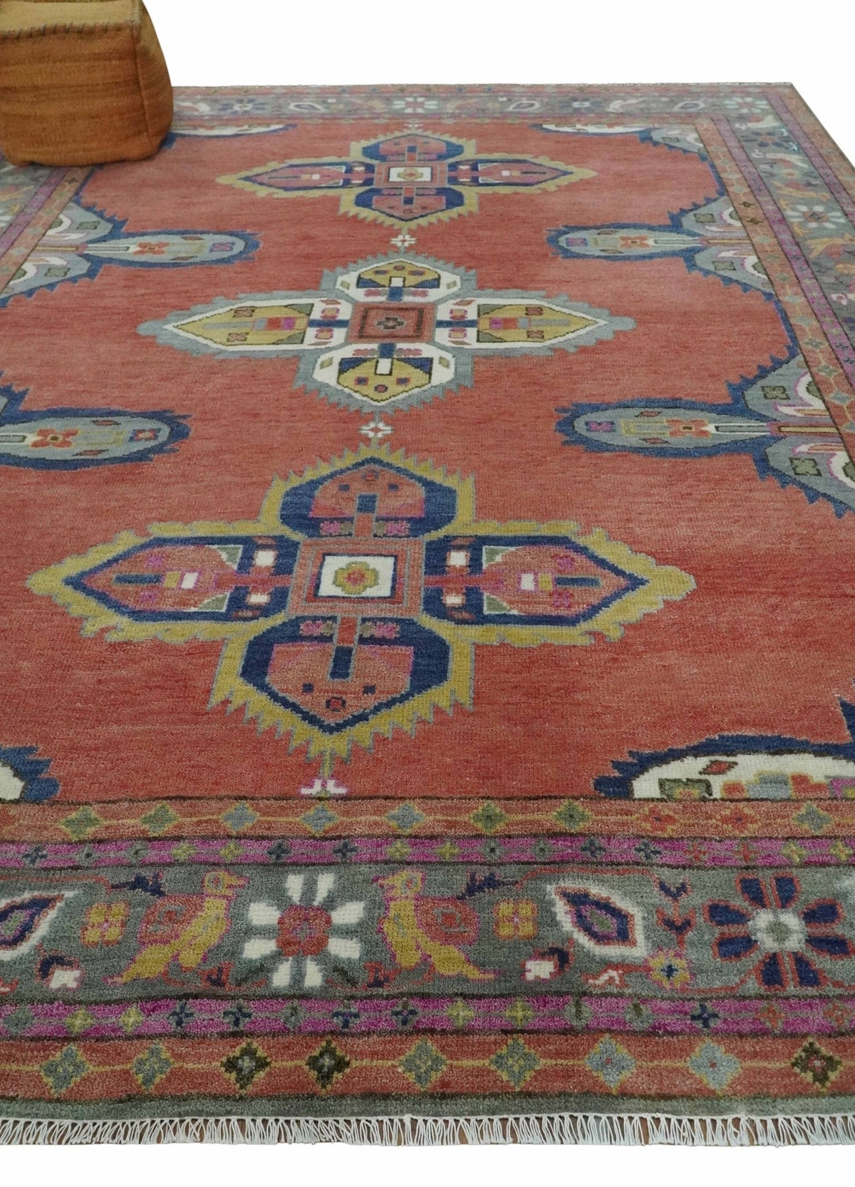 Custom Made Hand Knotted Dark Peach and Silver Traditional Wool Rug.