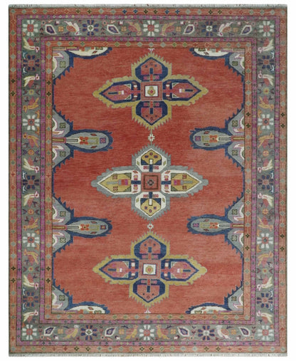 Custom Made Hand Knotted Dark Peach and Silver Traditional Wool Rug.