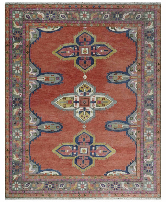 Custom Made Hand Knotted Dark Peach and Silver Traditional Wool Rug.