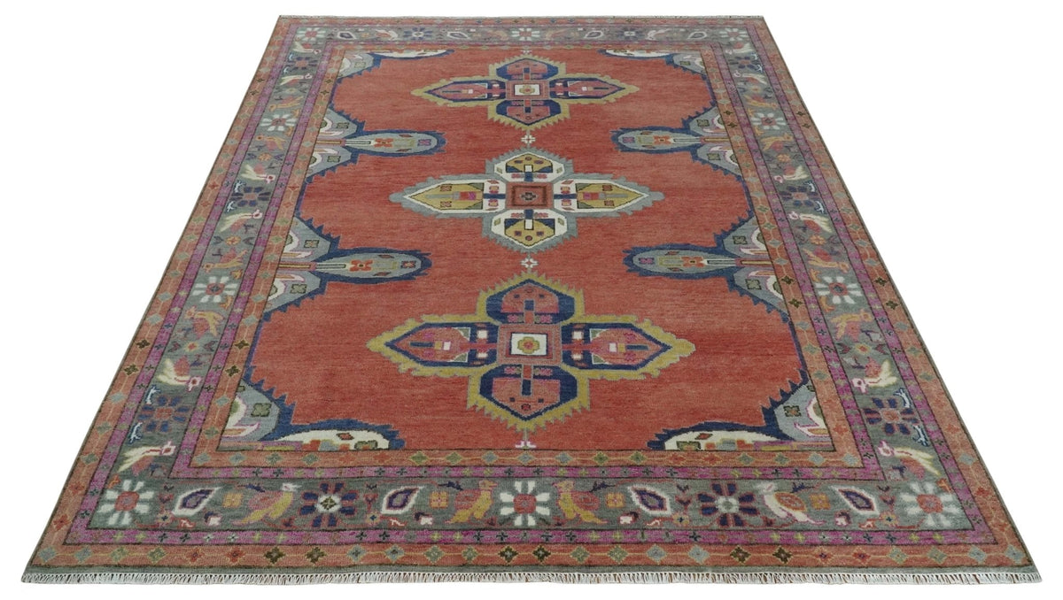 Custom Made Hand Knotted Dark Peach and Silver Traditional Wool Rug.