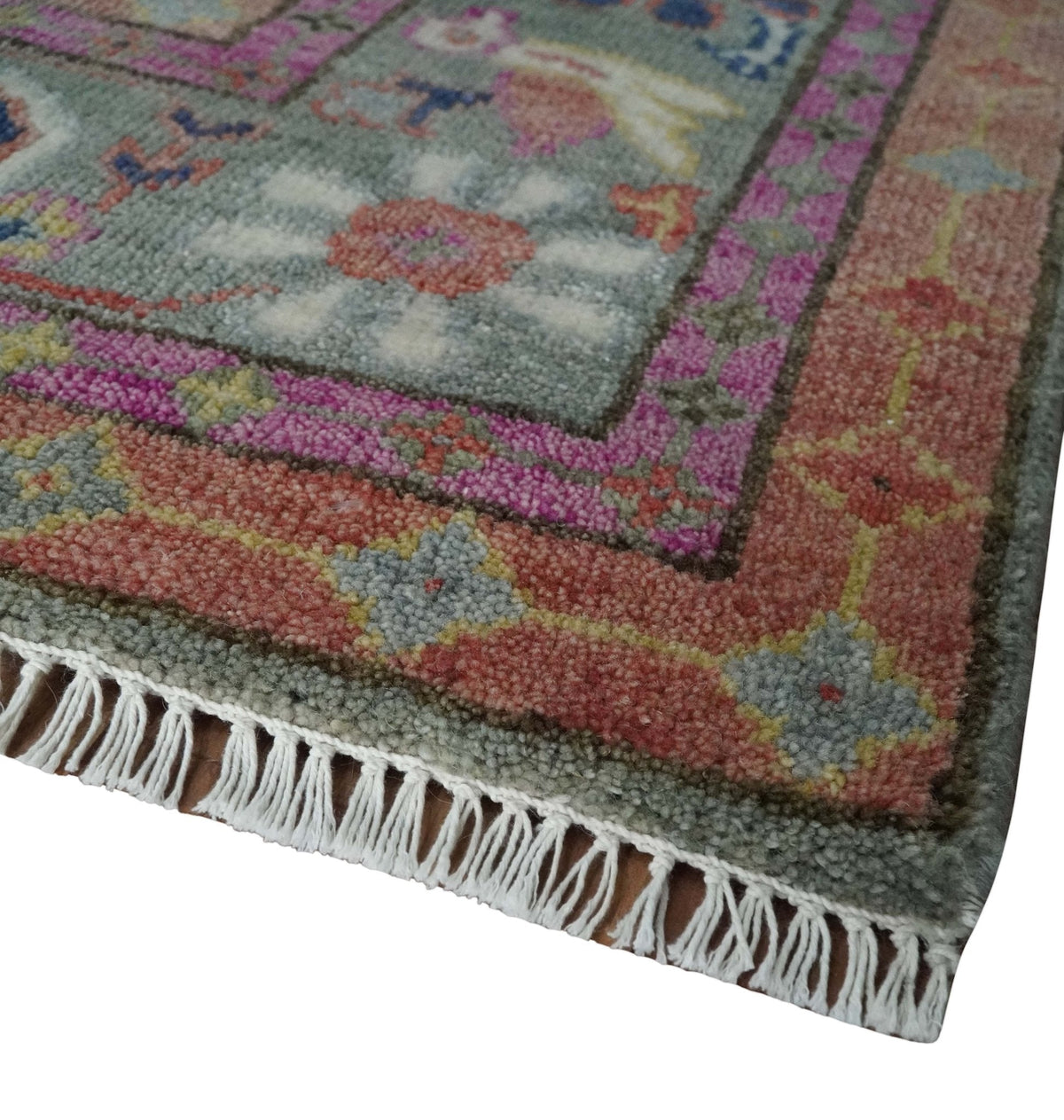 Custom Made Hand Knotted Dark Peach and Silver Traditional Wool Rug.