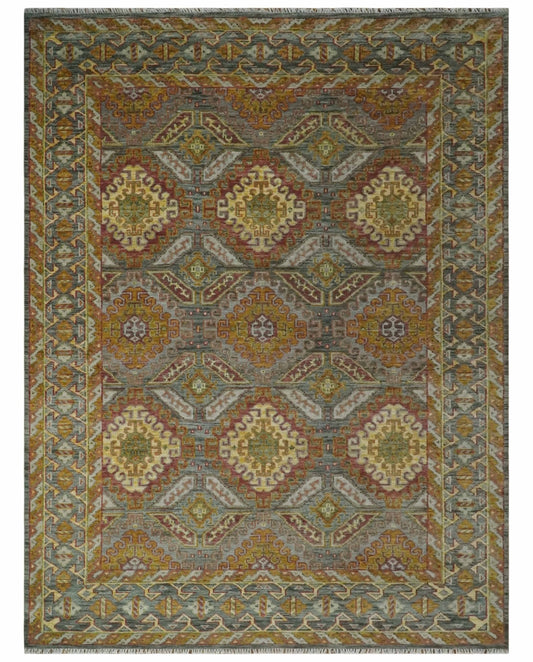 Custom Made Hand Knotted Gold and Gray Multi Size Oriental Traditional Wool Area Rug.