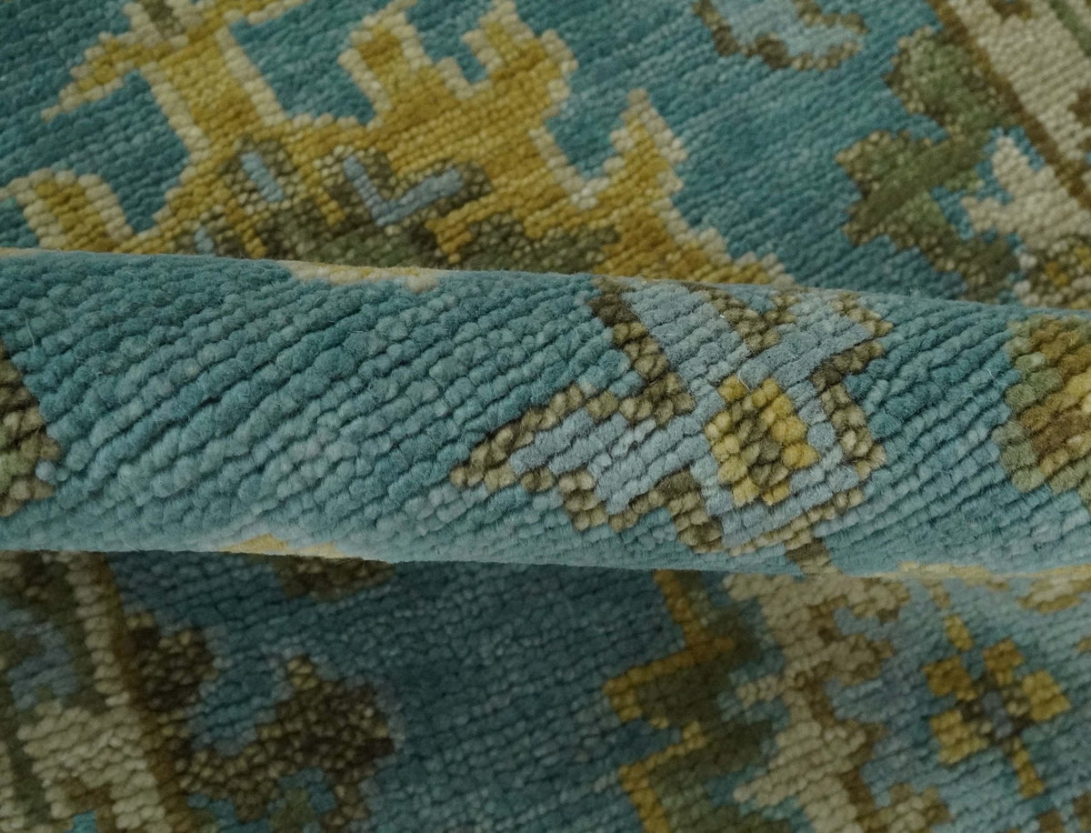 Custom Made Hand Knotted Green And Blue Oushak Runner Wool Rug.