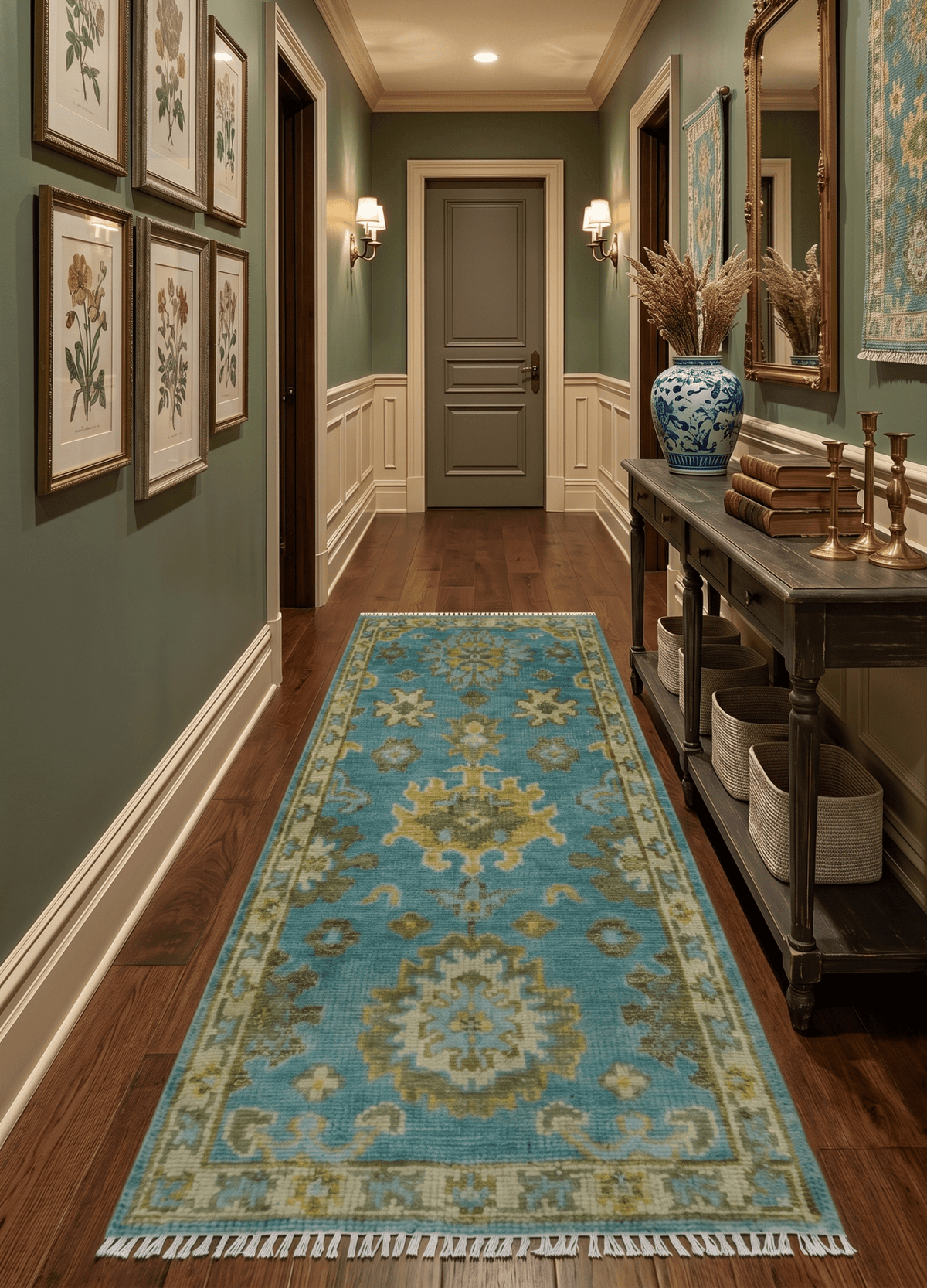 Custom Made Hand Knotted Green And Blue Oushak Runner Wool Rug.