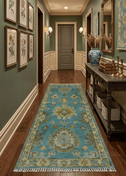 Custom Made Hand Knotted Green And Blue Oushak Runner Wool Rug.
