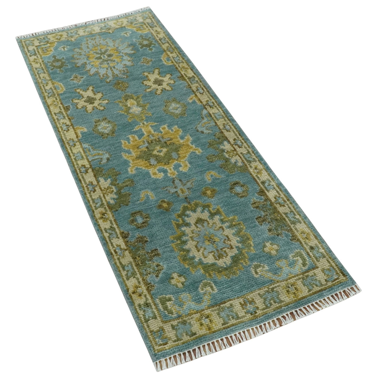 Custom Made Hand Knotted Green And Blue Oushak Runner Wool Rug.