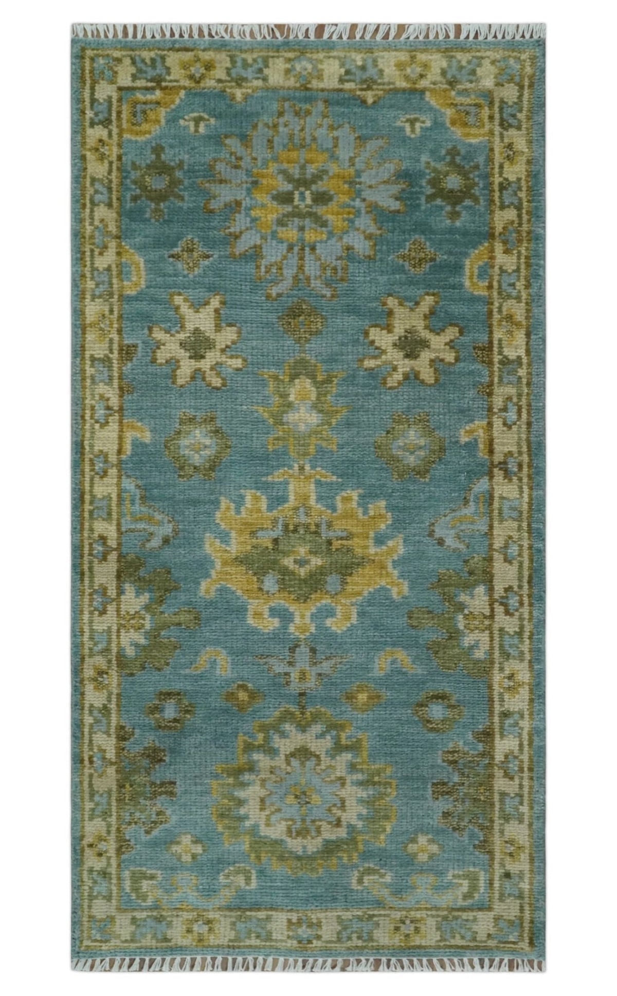 Custom Made Hand Knotted Green And Blue Oushak Runner Wool Rug.