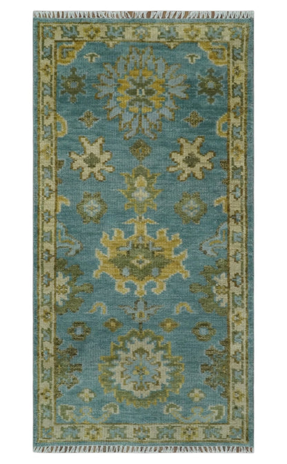 Custom Made Hand Knotted Green And Blue Oushak Runner Wool Rug.